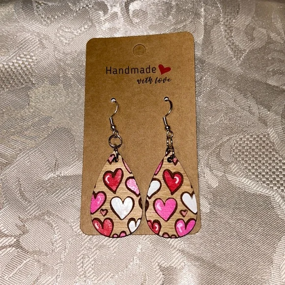 Handmade Multicolor Heart Wooden Dangle Earrings Romantic Statement Jewelry - Picture 3 of 8